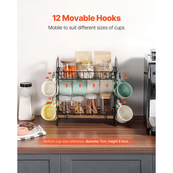 2 Tier Coffee Bar Organizer for Countertop w/ 12 Movable Hooks Mug Holder