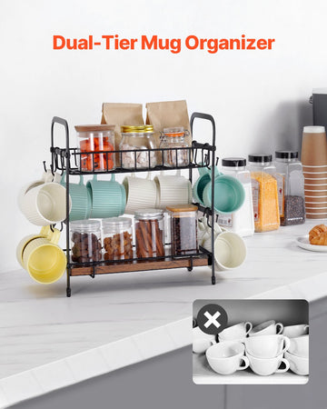 VEVOR 2 Tier Coffee Bar Organizer for Countertop w/ 12 Movable Hooks Mug Holder - 0