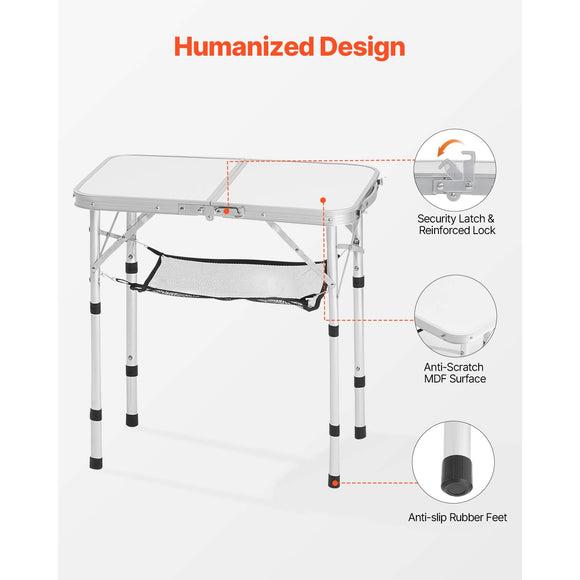 Folding Camping Table, Adjustable Height Portable Side Tables, Aluminum MDF Beach Table with Mesh Layer, Carrying Handle, Lightweight Compact for Outdoor Picnic BBQ Cooking, 24x16in, Silver