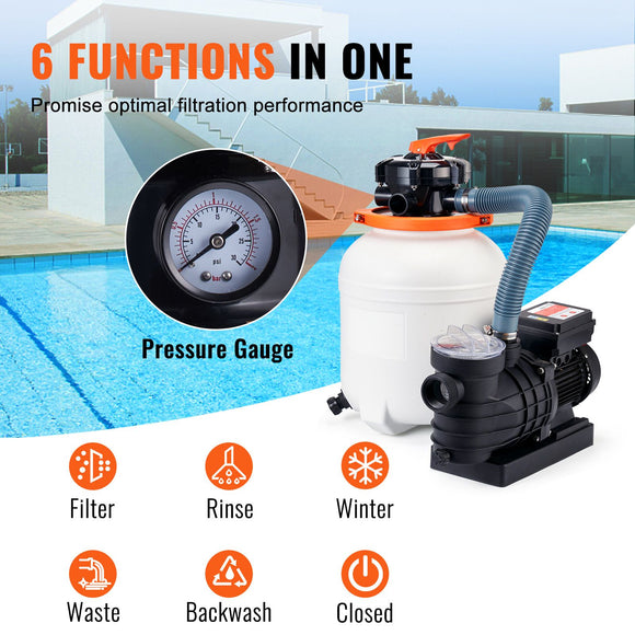 Sand Filter Above Ground with 285W Pool Pump 10,000 L/H Flow 6-Way Valve