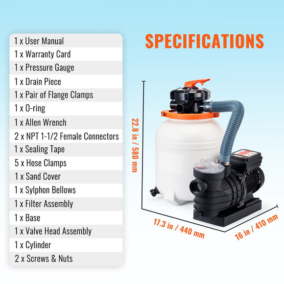 Sand Filter Above Ground with 285W Pool Pump 10,000 L/H Flow 6-Way Valve