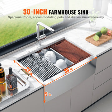 Farmhouse Kitchen Sink, 304 Stainless Steel Drop-In Sinks, Top Mount Single Bowl Basin with Ledge & Accessories, Household Dishwasher Sinks for Workstation, Prep Kitchen, and Bar Sink, 30 inch - 0