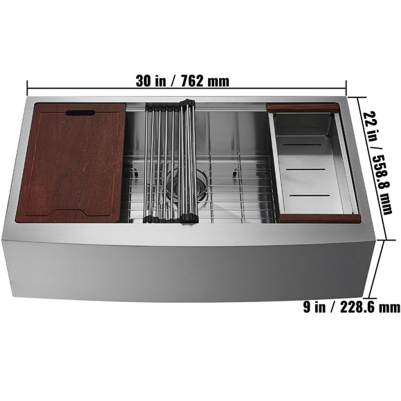 Farmhouse Kitchen Sink, 304 Stainless Steel Drop-In Sinks, Top Mount Single Bowl Basin with Ledge & Accessories, Household Dishwasher Sinks for Workstation, Prep Kitchen, and Bar Sink, 30 inch