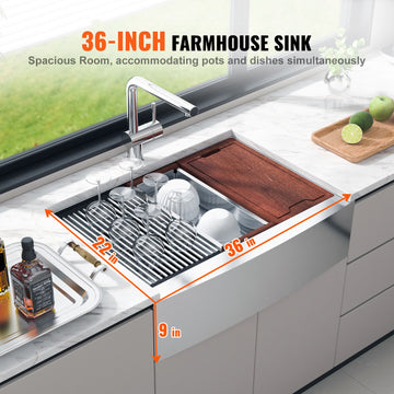 Farmhouse Kitchen Sink, 304 Stainless Steel Drop-In Sinks, Top Mount Single Bowl Basin with Ledge & Accessories, Household Dishwasher Sinks for Workstation, Prep Kitchen, and Bar Sink, 36 inch - 0