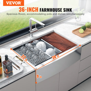 VEVOR Farmhouse Kitchen Sink, 304 Stainless Steel Drop-In Sinks, Top Mount Single Bowl Basin with Ledge & Accessories, Household Dishwasher Sinks for Workstation, Prep Kitchen, and Bar Sink, 36 inch - 0