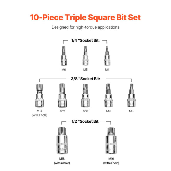 XZN Triple Square Spline Bit Socket Set 10-Piece M4-M18 Cr-V Steel Storage Case