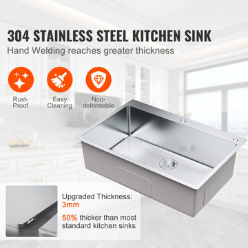 Kitchen Sink, 304 Stainless Steel Drop-In Sinks, Top Mount Single Bowl Basin with Accessories(Pack of 3), Household Dishwasher Sinks for Workstation, RV, Prep Kitchen, and Bar Sink, 33 inch - 0