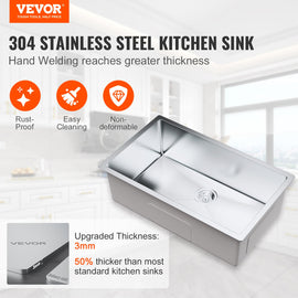 VEVOR Kitchen Sink, 304 Stainless Steel Drop-In Sinks, Undermount Single Bowl Basin with Accessories(Pack of 3), Household Dishwasher Sinks for Workstation, RV, Prep Kitchen, and Bar Sink, 30 inch - 0