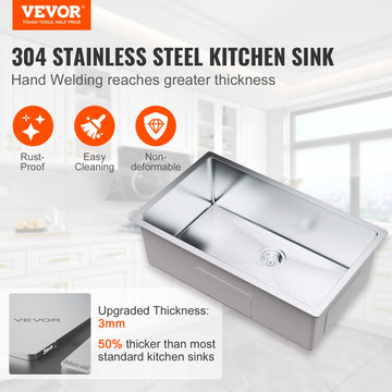VEVOR Kitchen Sink, 304 Stainless Steel Drop-In Sinks, Undermount Single Bowl Basin with Accessories(Pack of 3), Household Dishwasher Sinks for Workstation, RV, Prep Kitchen, and Bar Sink, 30 inch - 0