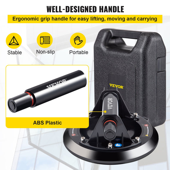 VEVOR Glass Suction Cup, 8'' Vacuum Suction Cup, 220lbs Load Capacity Vacuum Glass Lifter with Plastic Handle, Heavy-Duty Hand-Held Glass Lifter For Granite & Glass Lifting, With a free case