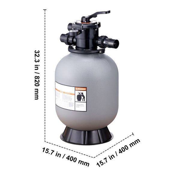 Sand Filter, 16-inch, 406.4mm, Up to 35 GPM Flow Rate, Above Inground Swimming Pool Sand Filter System with 7-Way Multi-Port Valve, Filter, Backwash, Rinse, Recirculate, Waste, Winter, Closed Functions