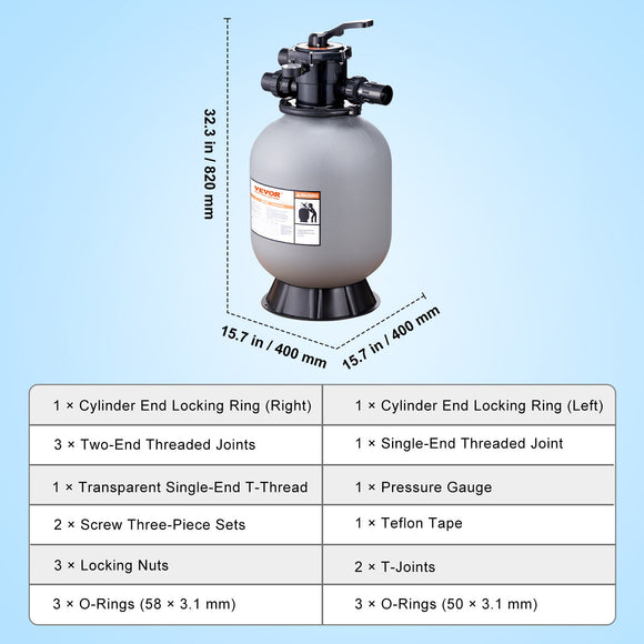 VEVOR Sand Filter, 16-inch, 406.4mm, Up to 35 GPM Flow Rate, Above Inground Swimming Pool Sand Filter System with 7-Way Multi-Port Valve, Filter, Backwash, Rinse, Recirculate, Waste, Winter, Closed Functions
