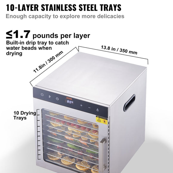 VEVOR 10 Trays Food Dehydrator Machine Stainless Steel 800W Jerky Fruit Drying