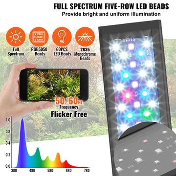 Aquarium Light, 14W Full Spectrum Fish Tank Light with 24/7 Natural Mode, Adjustable Timer & 5-Level Brightness, with Aluminum Alloy Shell Extendable Brackets for 12"-18" Freshwater Planted Tank - 0