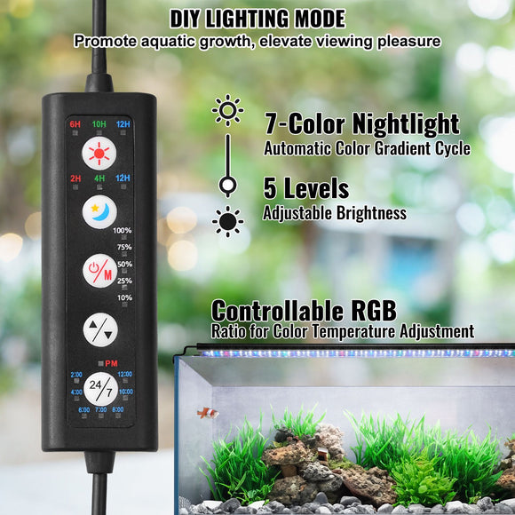 Aquarium Light, 14W Full Spectrum Fish Tank Light with 24/7 Natural Mode, Adjustable Timer & 5-Level Brightness, with Aluminum Alloy Shell Extendable Brackets for 12"-18" Freshwater Planted Tank