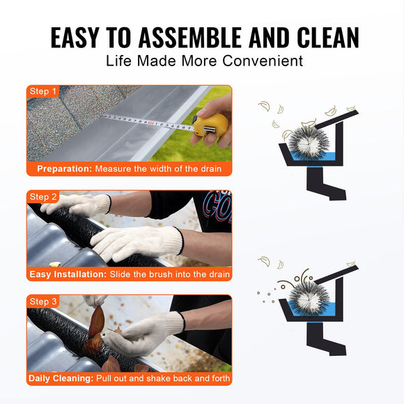 VEVOR Gutter Brush, 30 Feet Total Length 4.33 inch Diameter Gutter Cleaning Tools, Ground-Level Gutter Brush Leaf Guard for 5 Inch Gutters, Easily Clear roof Leaves and Debris, 10 Pack