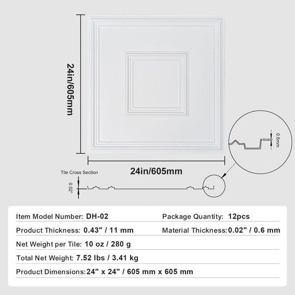 Ceiling Tiles 12-Pack 24 x 24 in PVC Easy Installation White Geometric