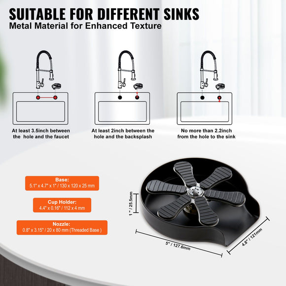 Glass Rinser, 10 Powerful Spraying Jets Rotating Cup Rinser for Sink, 304 Stainless Steel Faucet Cup Washer & Silicone Nonslip Pad for Baby Bottle, Glass Cup, Wine Glass (Matte Black Base)