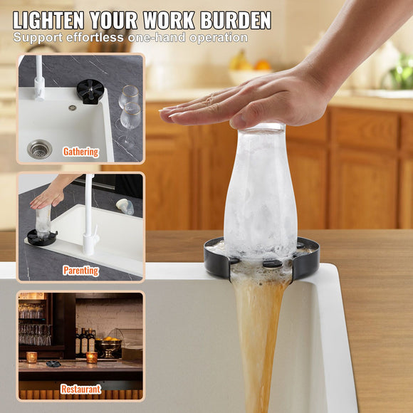 Glass Rinser, 10 Powerful Spraying Jets Rotating Cup Rinser for Sink, 304 Stainless Steel Faucet Cup Washer & Silicone Nonslip Pad for Baby Bottle, Glass Cup, Wine Glass (Matte Black Base)