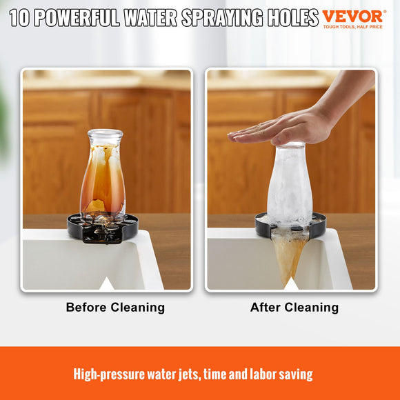 VEVOR Glass Rinser, 10 Powerful Spraying Jets Rotating Cup Rinser for Sink, 304 Stainless Steel Faucet Cup Washer & Silicone Nonslip Pad for Baby Bottle, Glass Cup, Wine Glass (Matte Black Base)
