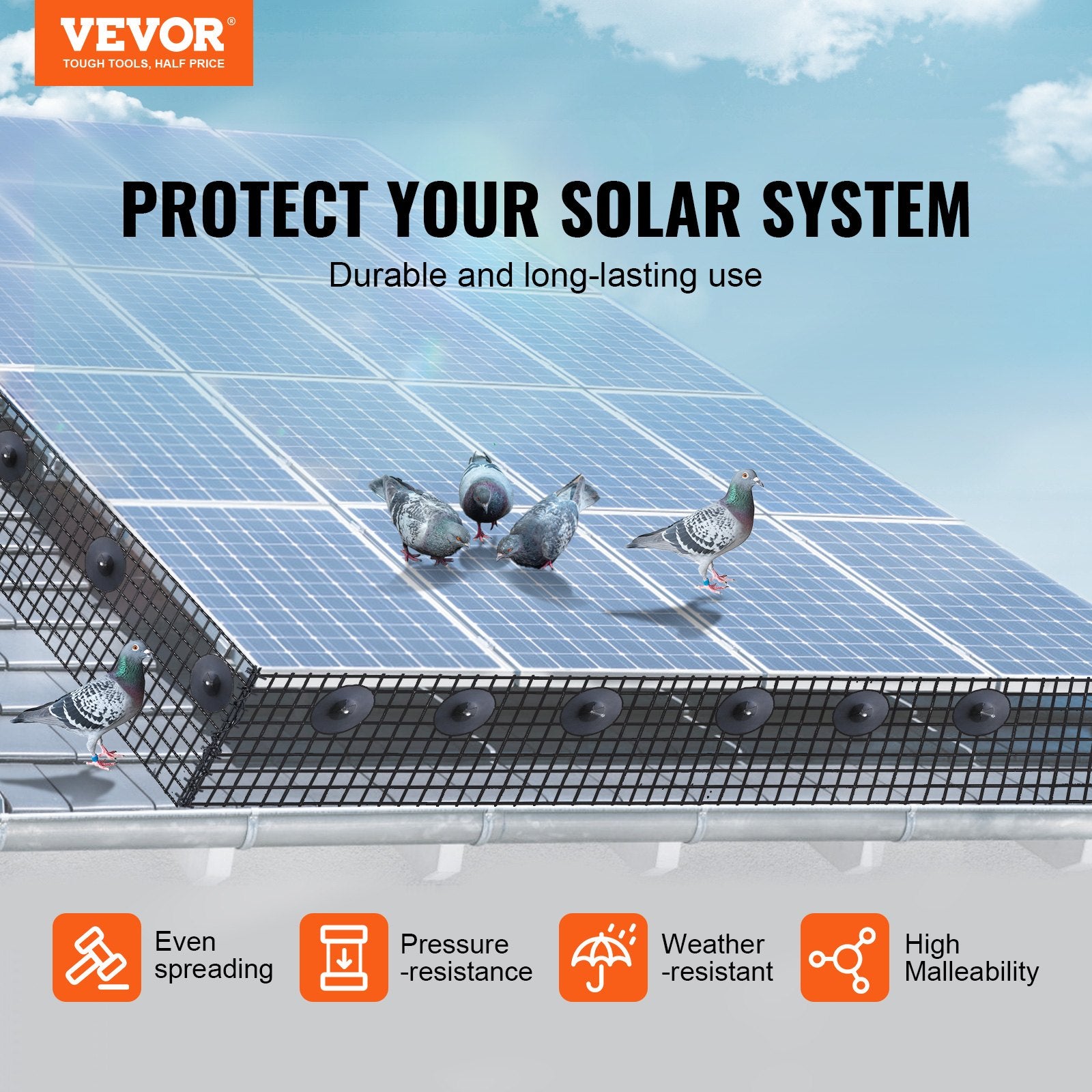 VEVOR 8in x 100ft Solar Panel Bird Guard Critter Guard Roll Kit 100pcs Fasteners - 0