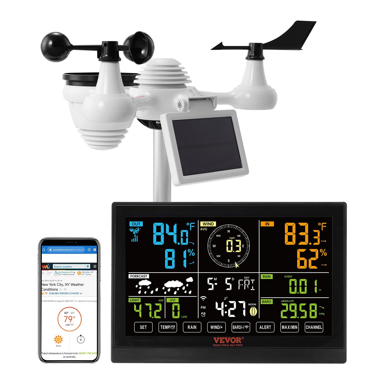 VEVOR 7-in-1 Wi-Fi Weather Station, 7.5 in Color Display, Home Weather Station Indoor Outdoor, with Solar Wireless Outdoor Sensor  Alarm Alerts, for Temperature Humidity Wind Speed/Direction Rain