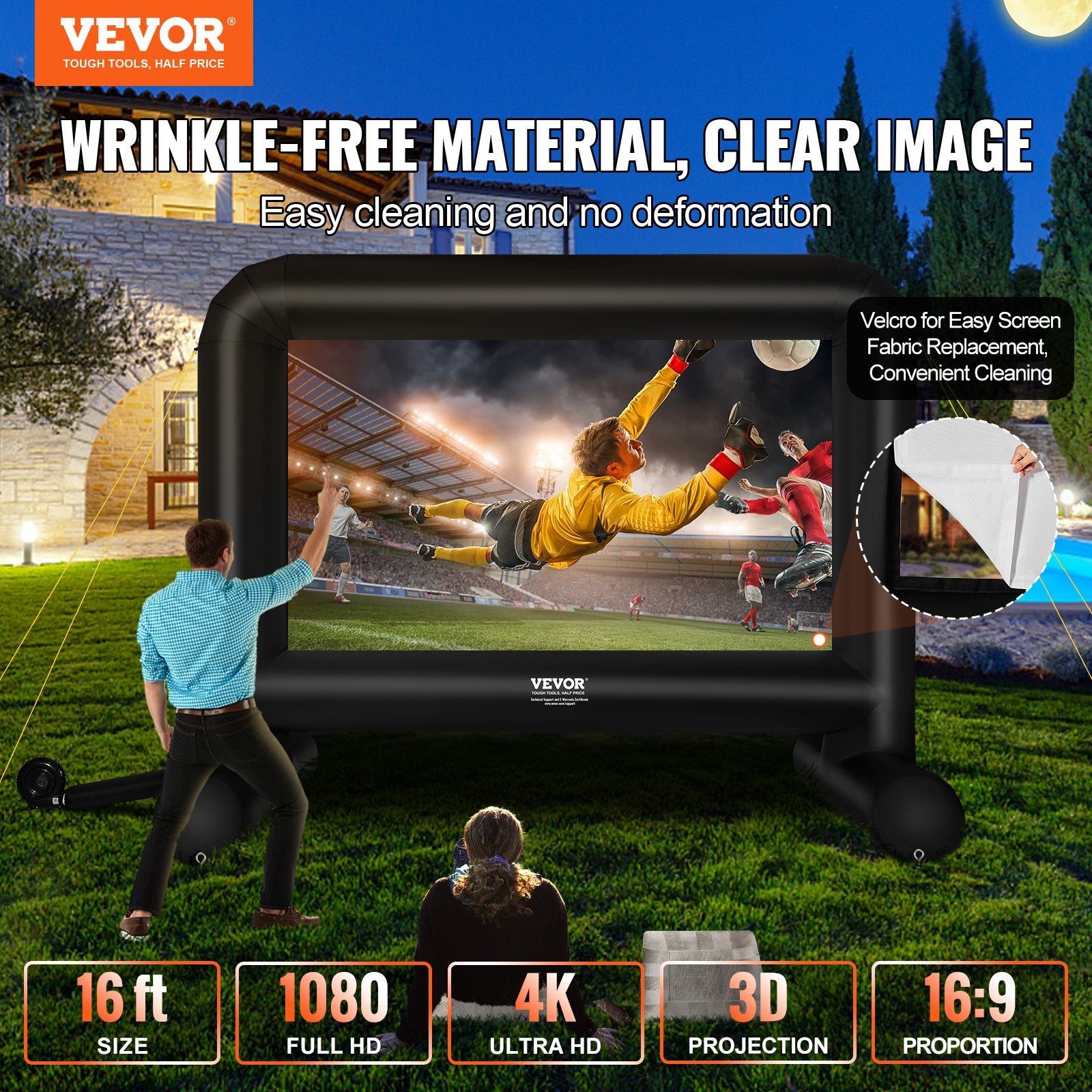 VEVOR Inflatable Movie Screen, 16 FT Inflatable Projector Screen for Outside with Blower and Carrying Bag, Front/Rear Projection, Oxford Fabric Blow Up Screen for Outdoor Parties Backyard Movie Night - 0
