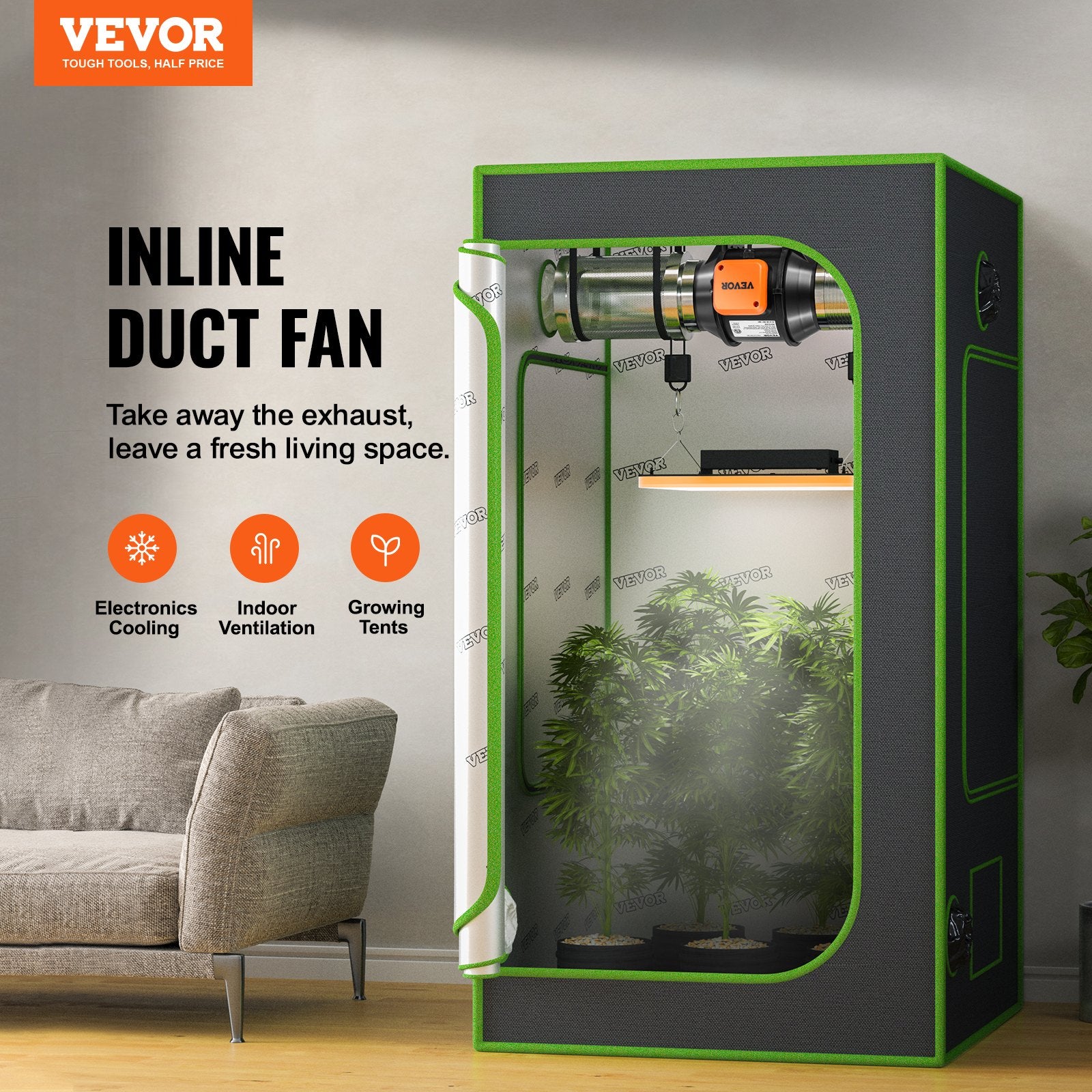 VEVOR Inline Duct Fan, 102mm 129.7 CFM with Variable Speed Controller, Quiet AC-motor Ventilation Exhaust Fan for Cooling Booster, Grow Tents, Hydroponics - 0