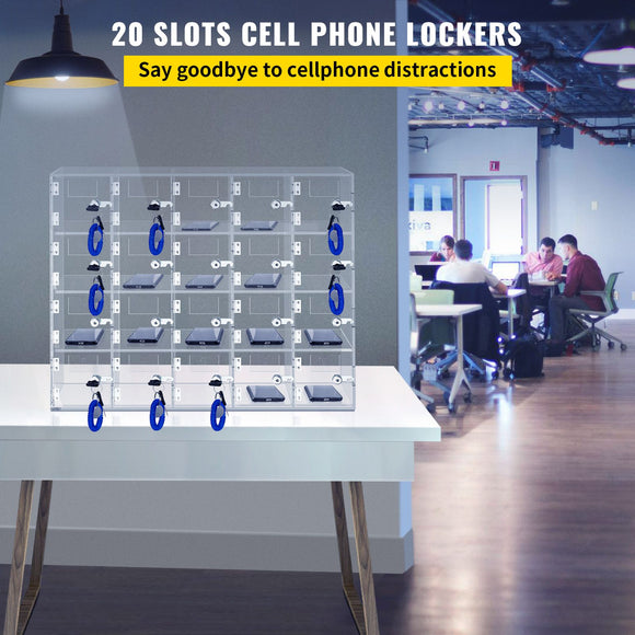 Acrylic Cell Phone Locker Box Storage Cabinet Pocket w/Keys 20 Slots Clear