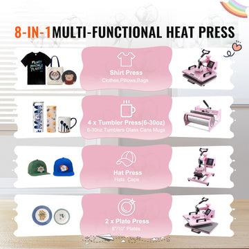 Heat Press Machine 12x15 in 5 in 1 with 30oz Tumbler Press T-Shirts Pink - 0