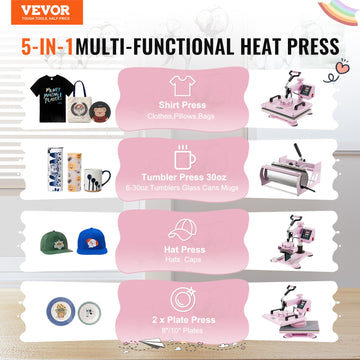 VEVOR Heat Press Machine 12x15 in 5 in 1 with 30oz Tumbler Press T-Shirts Pink - 0