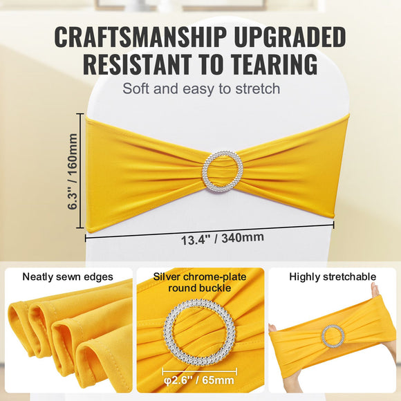 Stretch Spandex Chair Sashes, Chair Slipcover and Stretch Chair Sash with Round Buckle, Elastic Chair Bands, Fitting Wedding, Holiday, Banquet, Party Chair Decoration (100 PCS Golden Yellow)