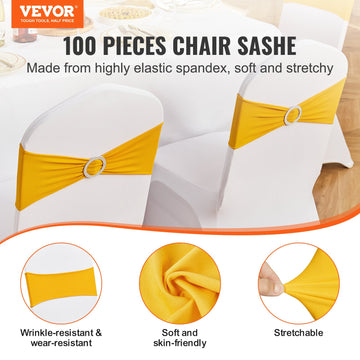 VEVOR Stretch Spandex Chair Sashes, Chair Slipcover and Stretch Chair Sash with Round Buckle, Elastic Chair Bands, Fitting Wedding, Holiday, Banquet, Party Chair Decoration (100 PCS Golden Yellow) - 0