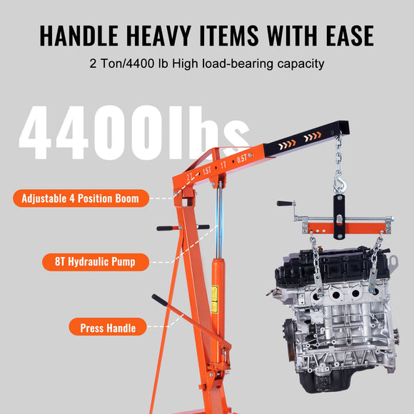 Hydraulic Engine Hoist with Lever, 2000KG Heavy-duty Cherry Picker Shop Crane, Foldable Engine Crane and Engine Hoist leveler for Auto Repair, Motors, Weights Lifting, Loading