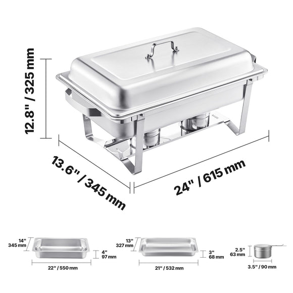 8 Qt 6 Pack Rectangle Chafing Dish Buffet Set Fullsize Pan Stainless Steel
