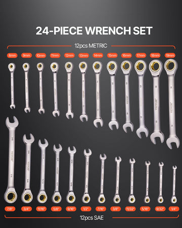 VEVOR Combination Wrench Set 24 PCS SAE 1/4" - 7/8" Metric 8-19mm Organizer Rack - 0