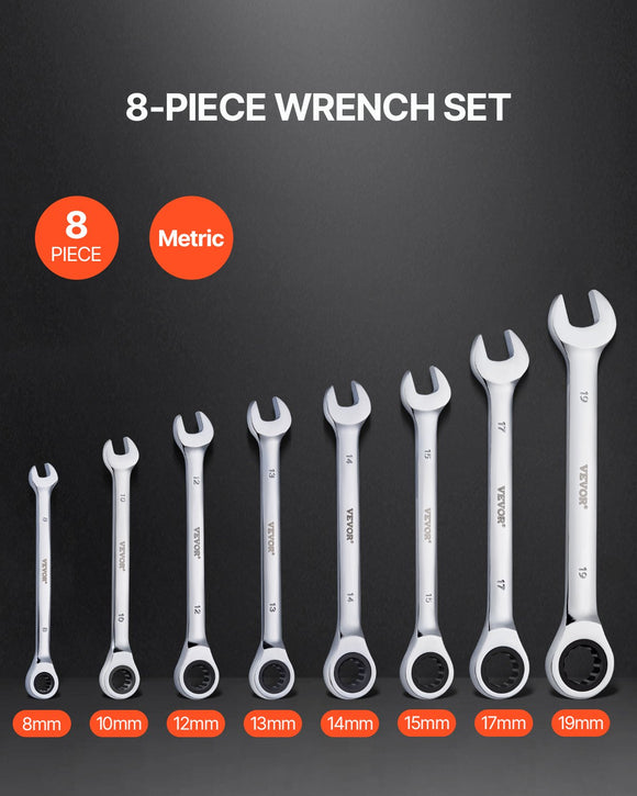 VEVOR Combination Wrench Set 8-Piece Metric 8 mm to 19 mm with Organizer Rack