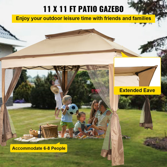 VEVOR Outdoor Canopy Gazebo Tent, Portable Canopy Shelter with 11\'x11\' Large Shade Space for Party, Backyard, Patio Lawn and Garden, 4 Sandbags, Carrying Bag and Netting Included, Brown