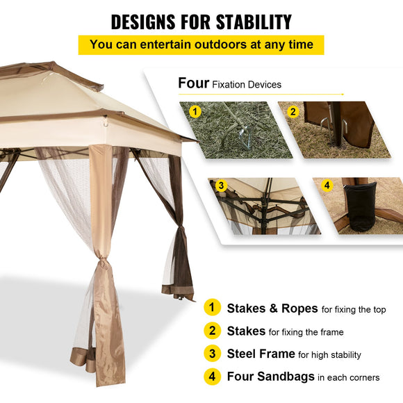 VEVOR Outdoor Canopy Gazebo Tent, Portable Canopy Shelter with 11\'x11\' Large Shade Space for Party, Backyard, Patio Lawn and Garden, 4 Sandbags, Carrying Bag and Netting Included, Brown
