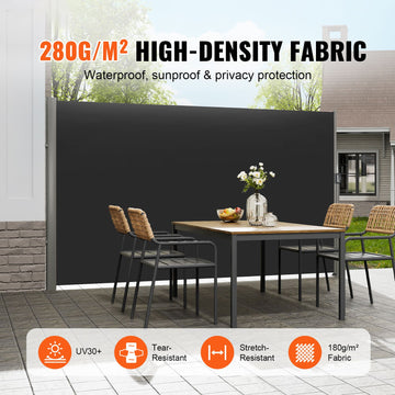 Retractable Side Awning, 160X300cm Aluminum Outdoor Privacy Screen, 280g Polyester Water-proof Retractable Patio Screen, UV 30+ Room Divider Wind Screen for Patio, Backyard, Balcony, Black - 0