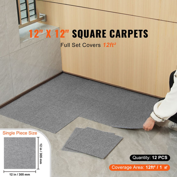 Carpet Tiles Peel and Stick, Squares Self Adhesive Carpet Floor Tile, Soft Padded Carpet Tiles, Easy Install DIY for Bedroom Living Room Indoor Outdoor (12 Tiles, Light Gray)
