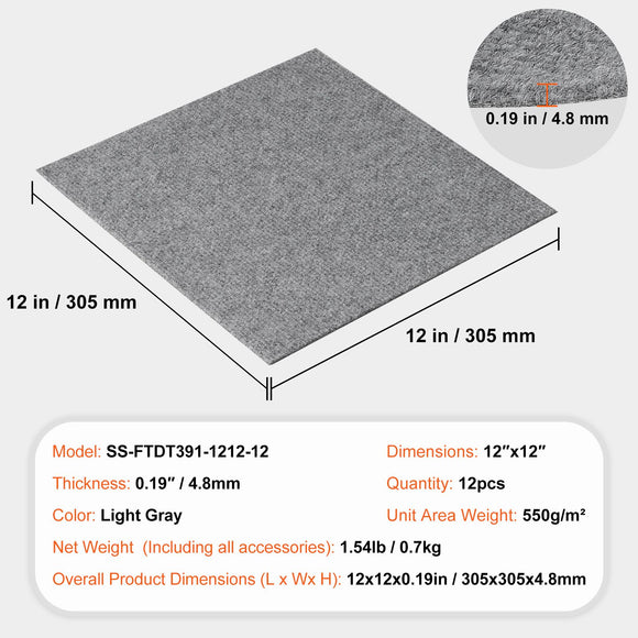 Carpet Tiles Peel and Stick, Squares Self Adhesive Carpet Floor Tile, Soft Padded Carpet Tiles, Easy Install DIY for Bedroom Living Room Indoor Outdoor (12 Tiles, Light Gray)