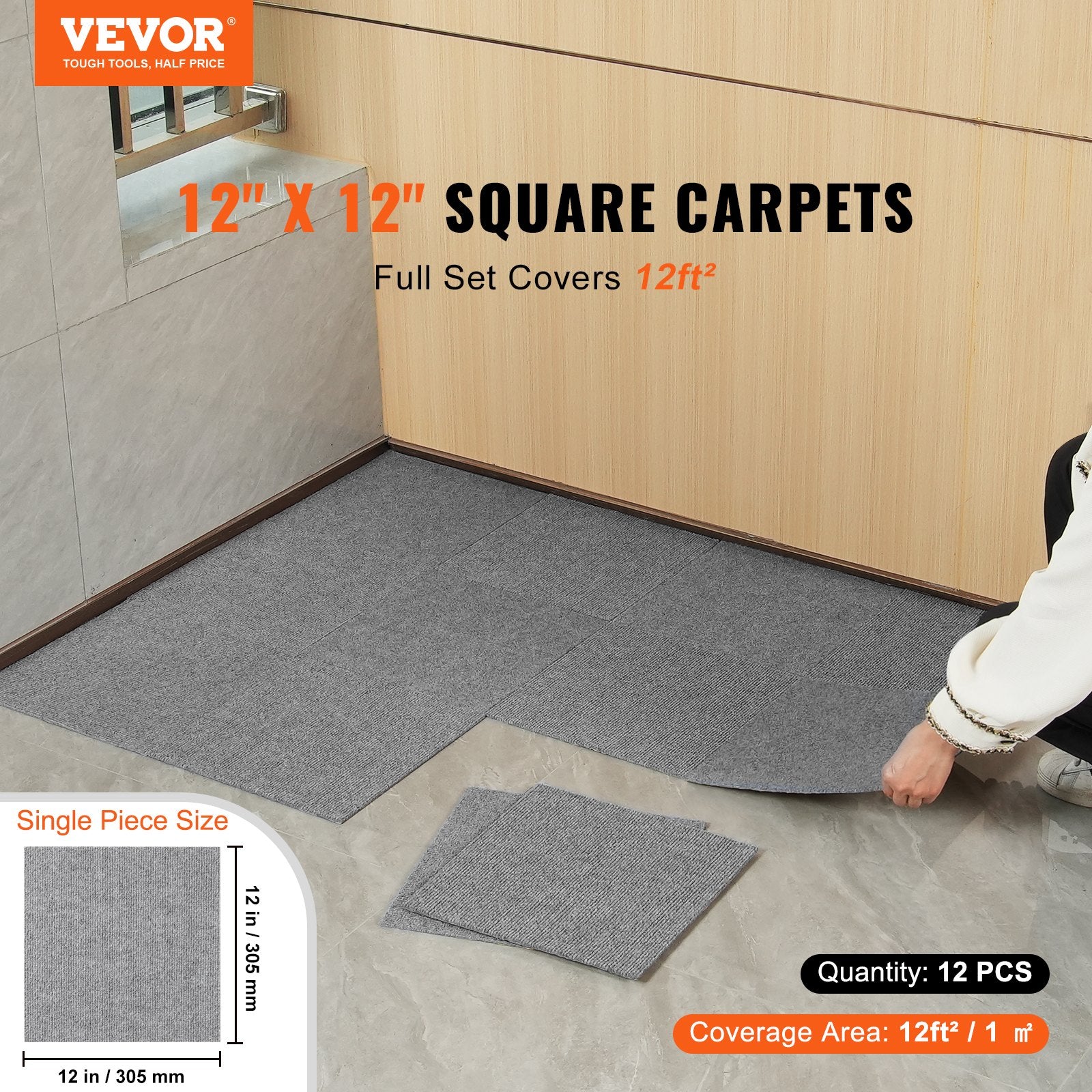 VEVOR Carpet Tiles Peel and Stick, Squares Self Adhesive Carpet Floor Tile, Soft Padded Carpet Tiles, Easy Install DIY for Bedroom Living Room Indoor Outdoor (12 Tiles, Light Gray) - 0