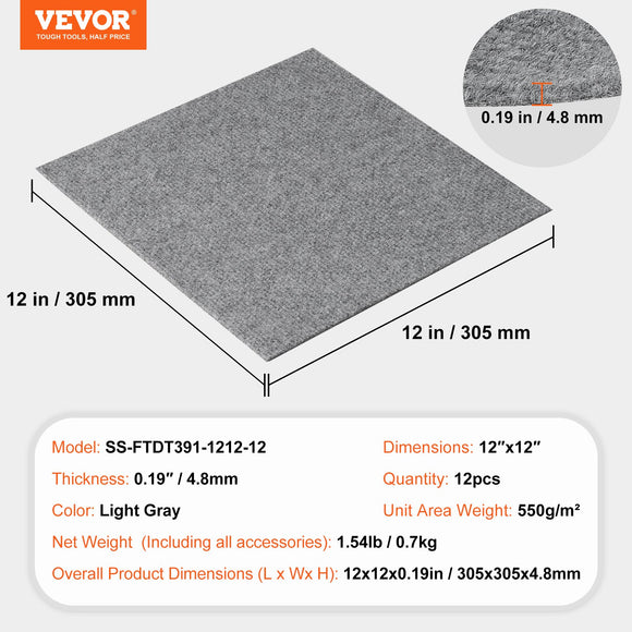 VEVOR Carpet Tiles Peel and Stick, Squares Self Adhesive Carpet Floor Tile, Soft Padded Carpet Tiles, Easy Install DIY for Bedroom Living Room Indoor Outdoor (12 Tiles, Light Gray)