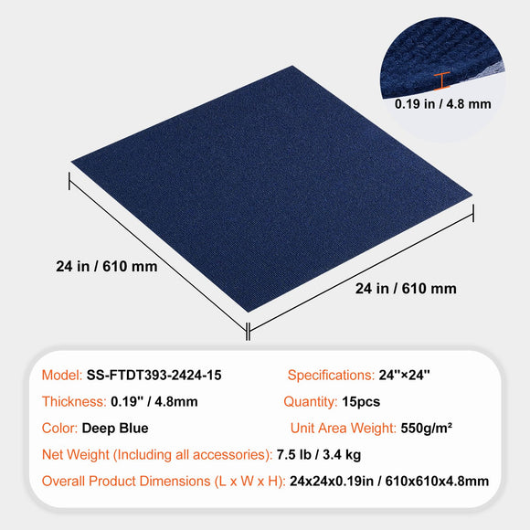 Carpet Tiles Peel and Stick, Squares Self Adhesive Carpet Floor Tile, Soft Padded Carpet Tiles, Easy Install DIY for Bedroom Living Room Indoor Outdoor (15Tiles, Dark Blue)