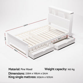 Artiss Bed Frame King Single Size Wooden with 2 Storage Drawers White - 0