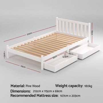 Artiss Bed Frame King Single Size Wooden Platform with 2 Storage Drawers White - 0