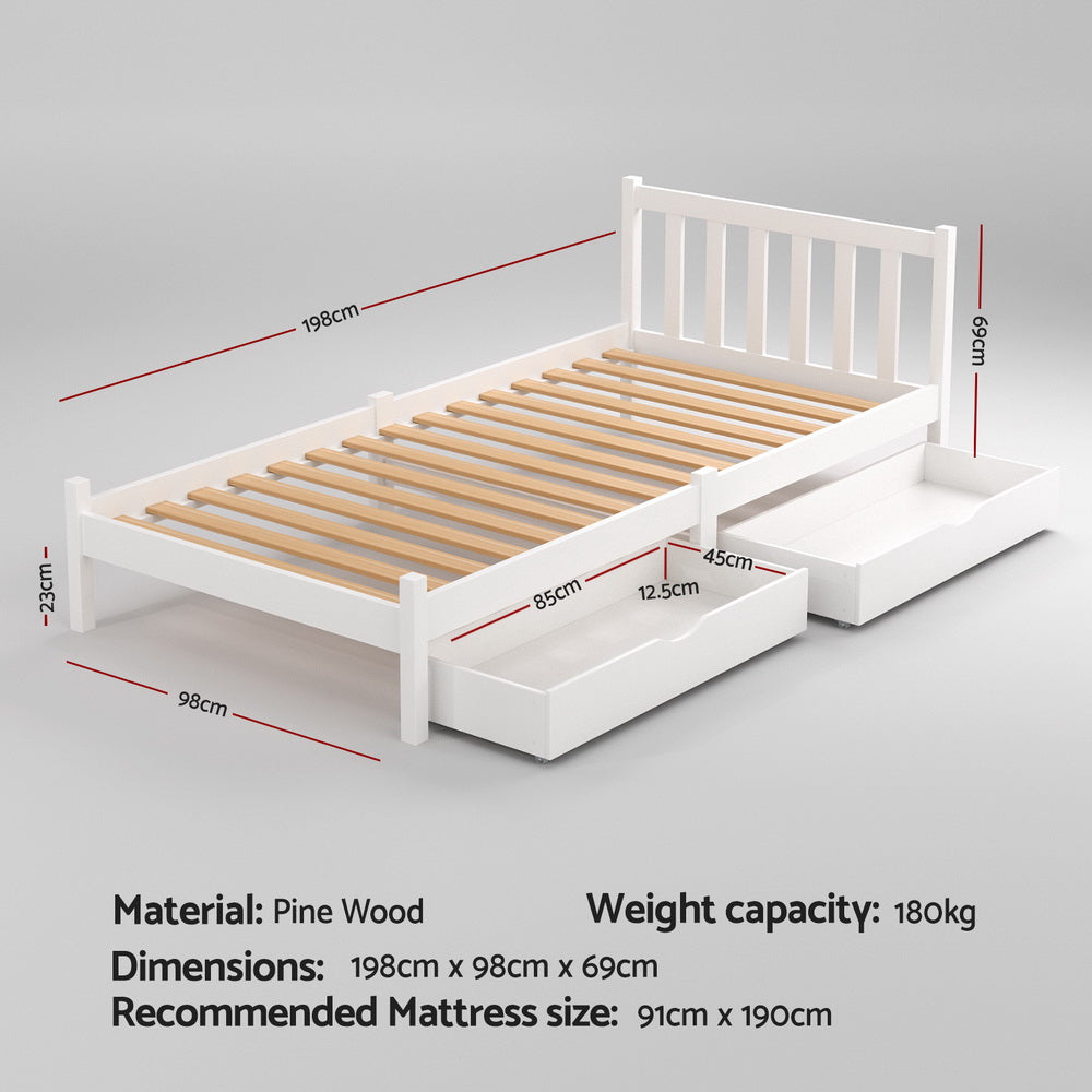 Artiss Bed Frame Single Size Wooden Platform with 2 Storage Drawers White SOFIE - 0