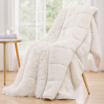 Giselle Faux Fur Weighted Blanket 2 Sided Long Pile Sherpa Reverse Cream 6.8KG 120 x 180cm