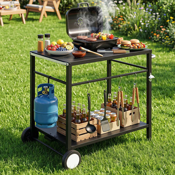 Weisshorn BBQ Camp Party Table, Garden Backyard Outdoor Cart Stainless Steel Prep Table Mobile Kitchen Trolley Heavy Duty with Wheels Tank Holder Hooks, Black - 0